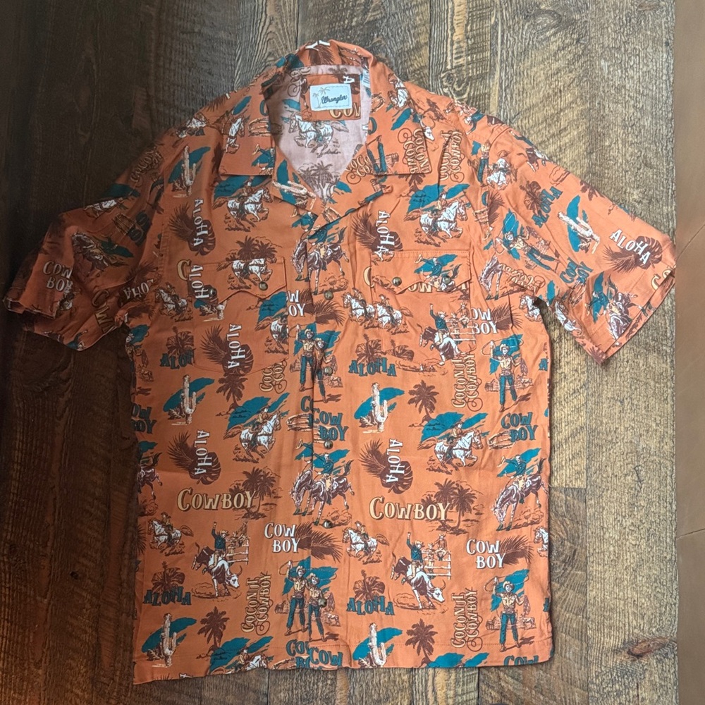 Wrangler Orange Cowboy Aloha Print Short Sleeve Shirt